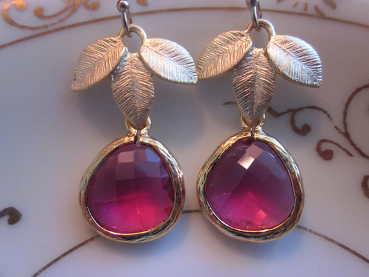 Fuchsia Earrings Pink Three Gold Leaf - Bridesmaid Earrings - Bridal Earrings