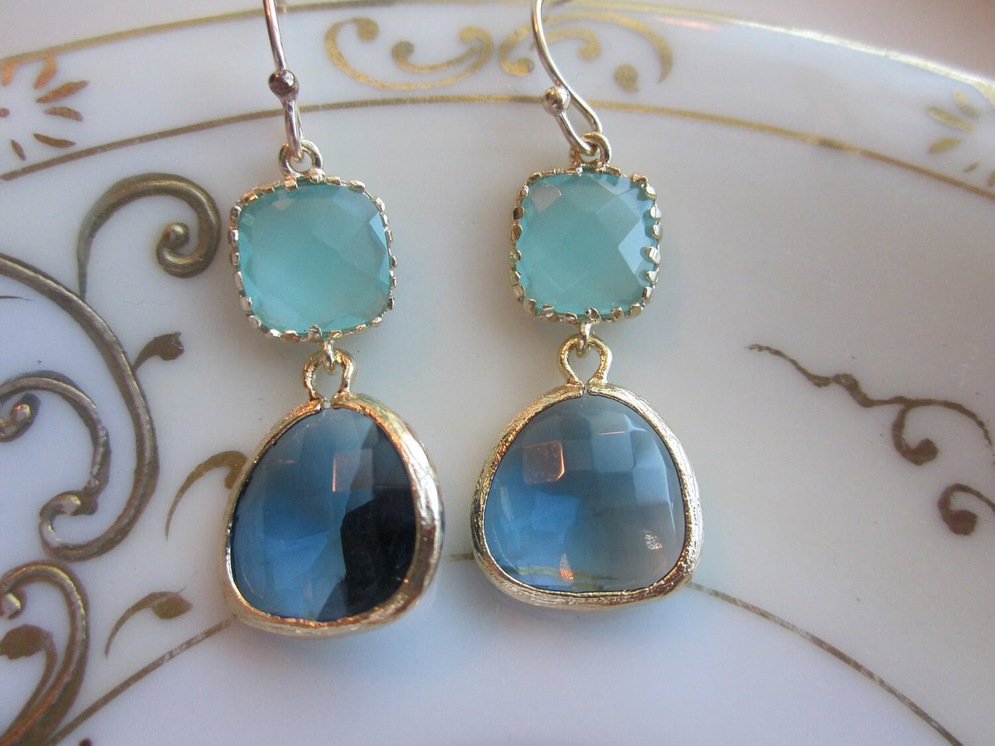 Aqua Blue Earrings Sapphire Gold Plated - Bridesmaid Earrings - Wedding Earrings - Valentines Day Gift