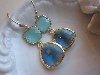 Aqua Blue Earrings Sapphire Gold Plated - Bridesmaid Earrings - Wedding Earrings - Valentines Day Gift