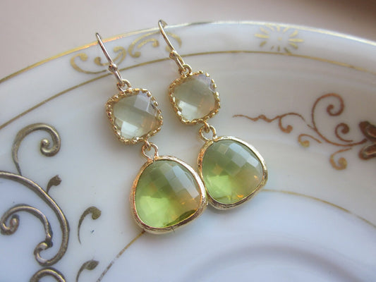 Peridot Earrings Green Citrine Block Gold Plated - Bridesmaid Earrings Wedding Earrings Valentines Day Gift