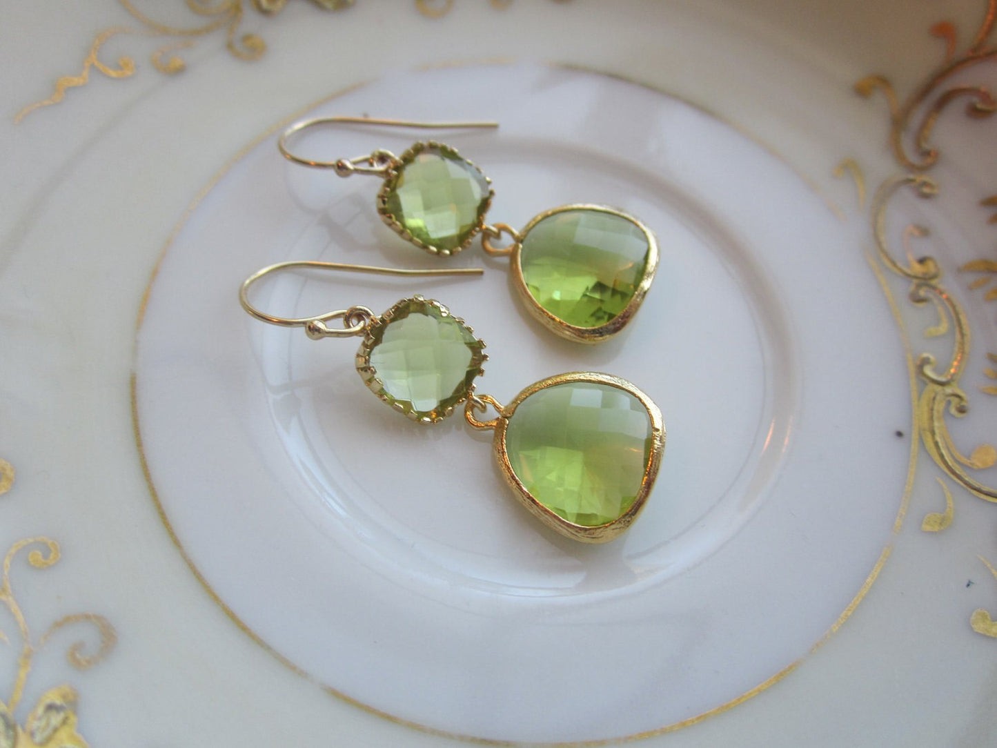 Peridot Earrings Green Apple Two Tier Gold Plated - Bridesmaid Earrings Wedding Earrings Valentines Day Gift