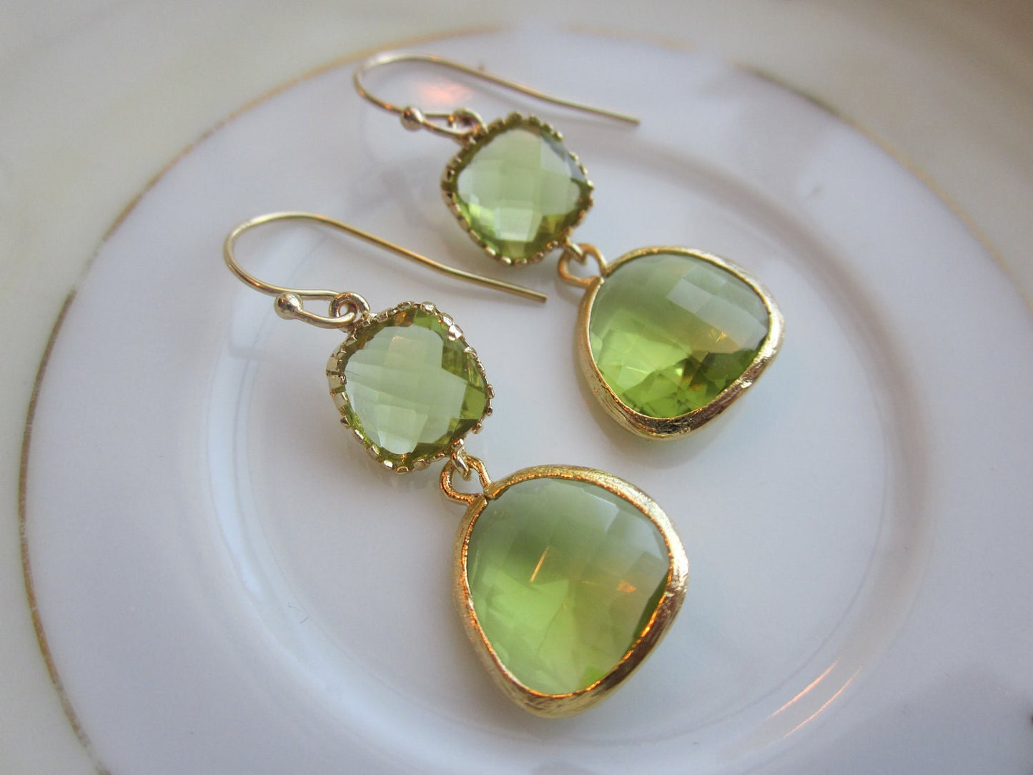 Peridot Earrings Green Apple Two Tier Gold Plated - Bridesmaid Earrings Wedding Earrings Valentines Day Gift