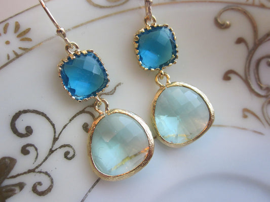 Gold Prasiolite Earrings Sea Blue Square - Two Tier - Bridesmaid Earrings - Bridal Earrings - Wedding Earrings