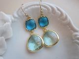 Gold Prasiolite Earrings Sea Blue Square - Two Tier - Bridesmaid Earrings - Bridal Earrings - Wedding Earrings