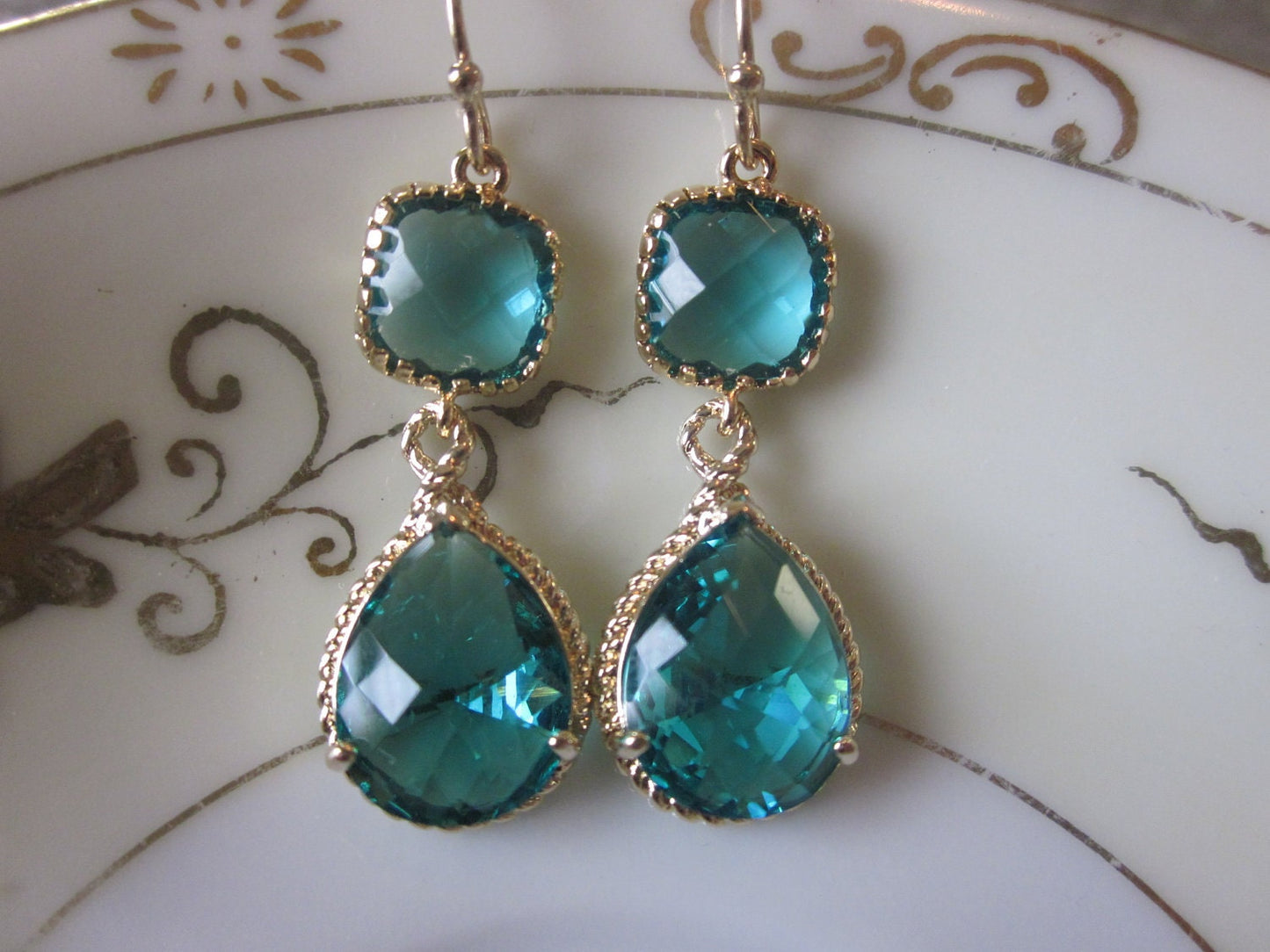 Sea Green Earrings Blue Gold Earrings Teardrop Glass - Bridesmaid Earrings Wedding Jewelry Bridal Earrings Valentines Day Gift