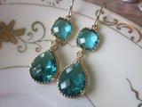 Sea Green Earrings Blue Gold Earrings Teardrop Glass - Bridesmaid Earrings Wedding Jewelry Bridal Earrings Valentines Day Gift