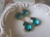 Sea Green Earrings Blue Gold Earrings Teardrop Glass - Bridesmaid Earrings Wedding Jewelry Bridal Earrings Valentines Day Gift
