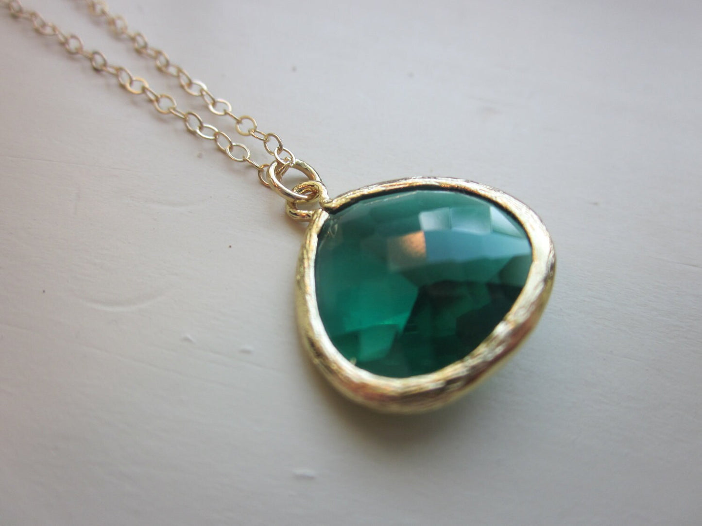 Emerald Green Necklace Gold Plated Large Pendant - Gold Filled Chain - Wedding Jewelry - Bridesmaid Jewelry - Valentines Day Gift