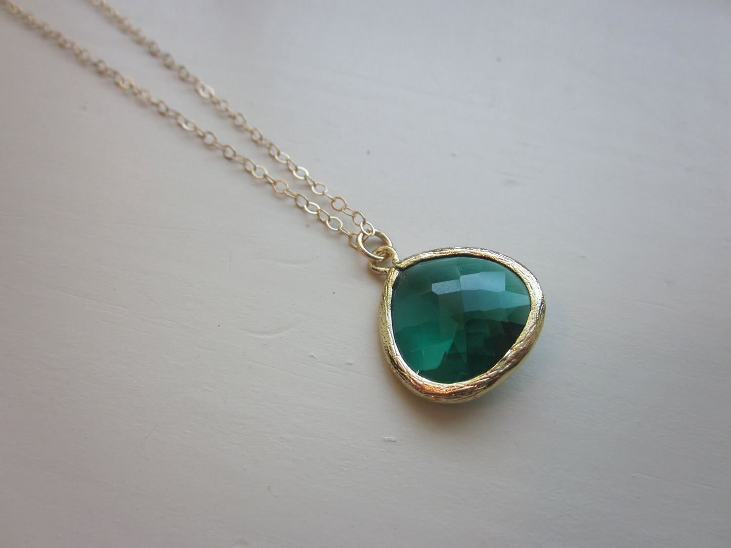 Emerald Green Necklace Gold Plated Large Pendant - Gold Filled Chain - Wedding Jewelry - Bridesmaid Jewelry - Valentines Day Gift