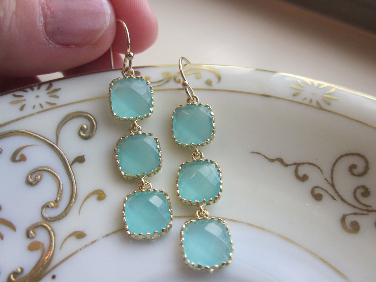 Aqua Blue Mint Earrings Gold Plated - Three Tier Squares - Bridesmaid Earrings - Bridal Earrings - Bridesmaid Jewelry - Mint Wedding Jewelr