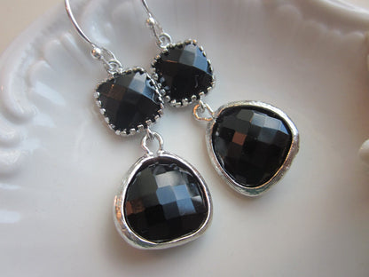 Black Onyx Earrings Silver Two Tier - Sterling Silver Earwires - Bridesmaid Earrings Wedding Earrings Bridal Earrings