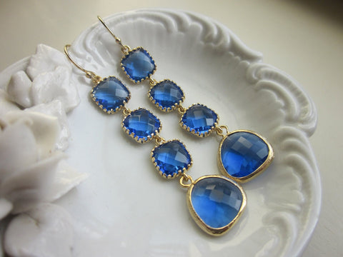 Cobalt Earrings Blue Gold Plated Earrings 4 tier - Bridesmaid Earrings - Wedding Jewelry - Bridal Earrings - Valentines Day Gift