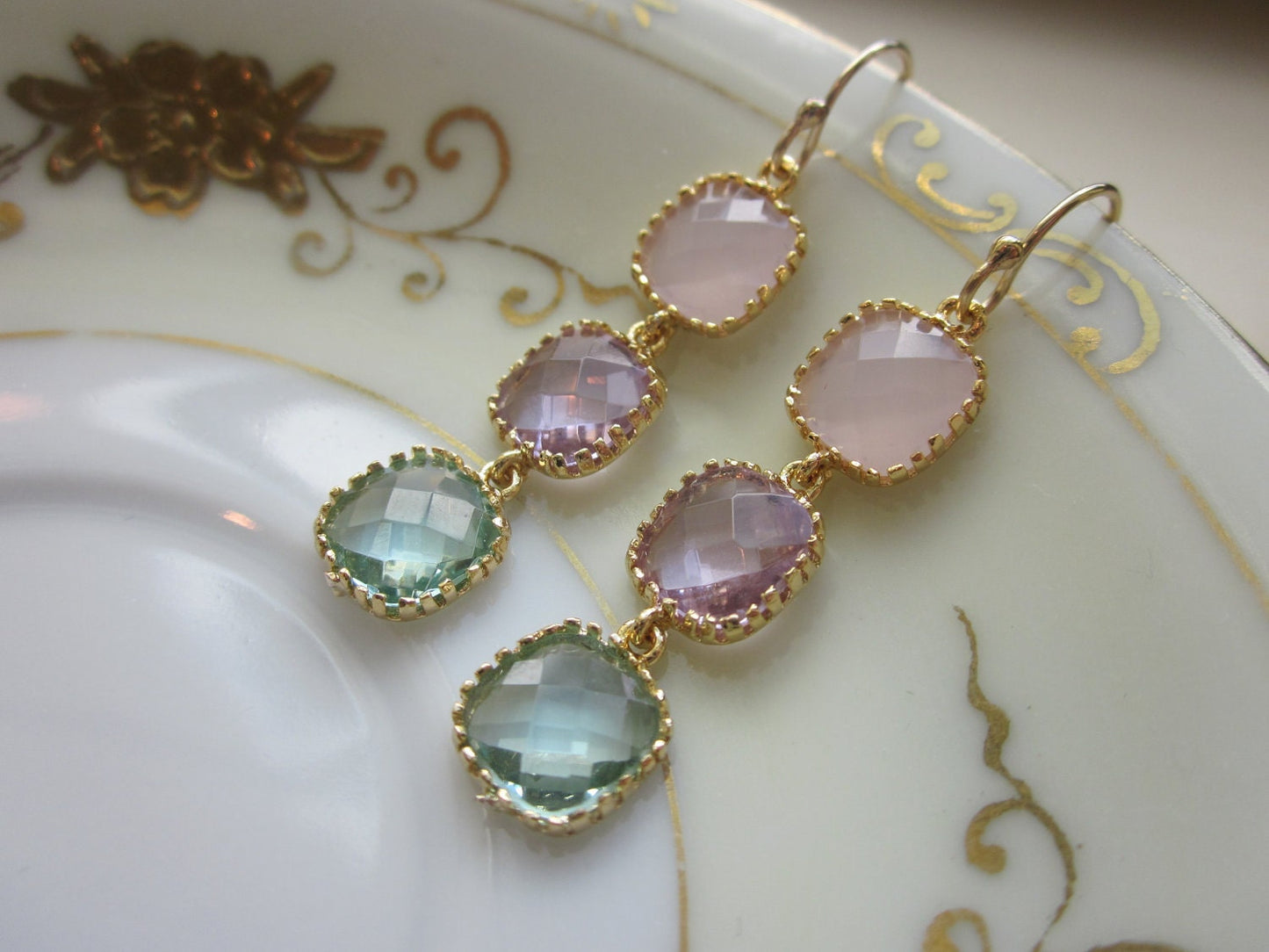 Opal Pink Earrings Lavender Prasiolite Gold - three tier - Wedding Earrings - Bridesmaid Earrings - Bridal Earrings