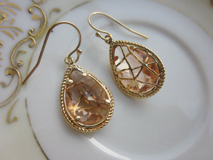 Champagne Peach Earrings Pink Gold Twisted - Bridesmaid Earrings - Wedding Earrings - Valentines Day Gift