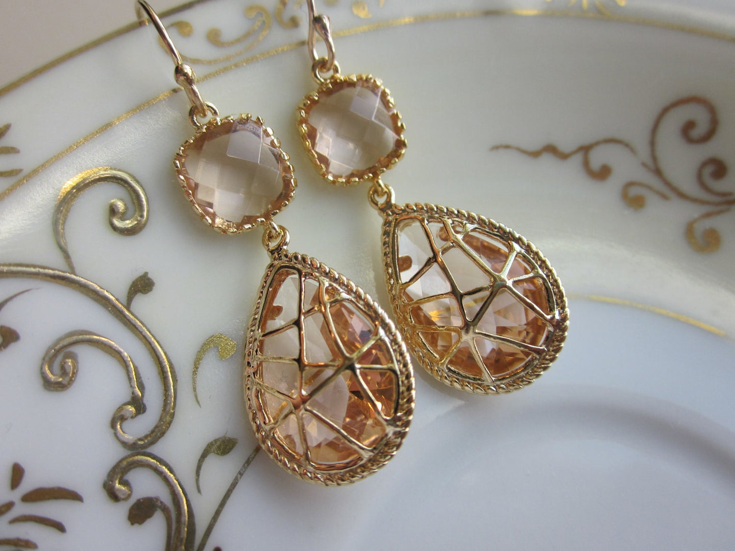 Champagne Peach Earrings Pink Gold Twisted Design - Bridesmaid Earrings Wedding Earrings Valentines Day Gift