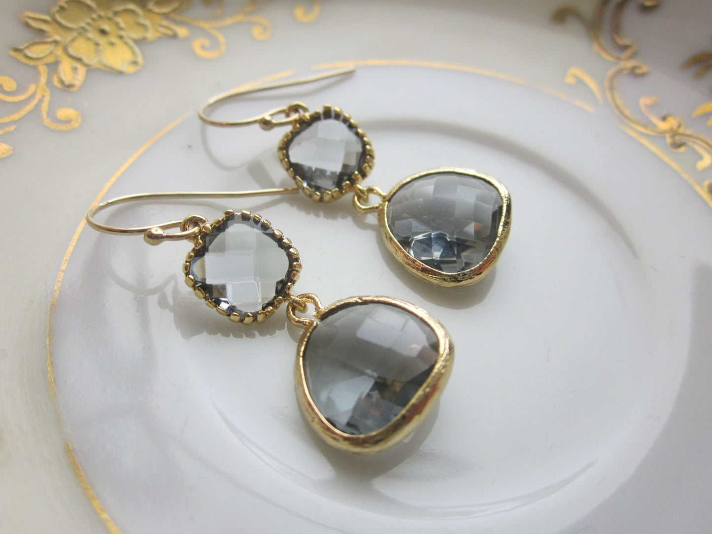 Charcoal Gray Earrings Gold Plated Two Tier - Bridesmaid Earrings - Wedding Earrings - Valentines Day Gift