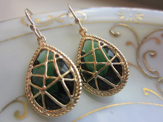 Emerald Green Earrings Gold Twisted - Bridesmaid Earrings - Bridal Earrings - Wedding Earrings