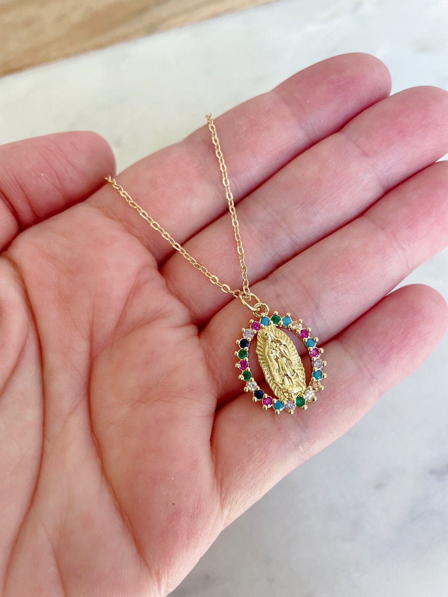 Crystal Virgin Mary Necklace - Colorful