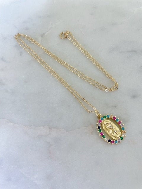 Crystal Virgin Mary Necklace - Colorful