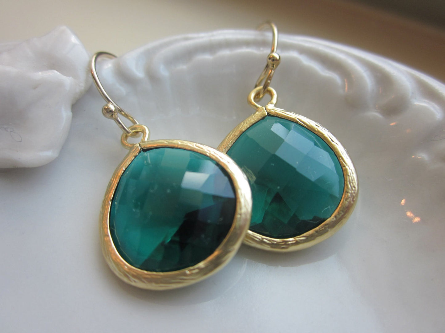 Emerald Green Earrings Gold Plated Large Pendant - Wedding Earrings - Bridal Earrings - Bridesmaid Earrings