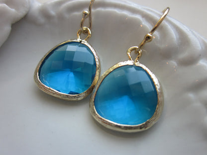 Sea Blue Earrings Gold Plated - Bridesmaid Earrings - Wedding Earrings - Bridal Earrings - Valentines Day Gift