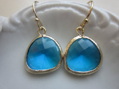 Sea Blue Earrings Gold Plated - Bridesmaid Earrings - Wedding Earrings - Bridal Earrings - Valentines Day Gift