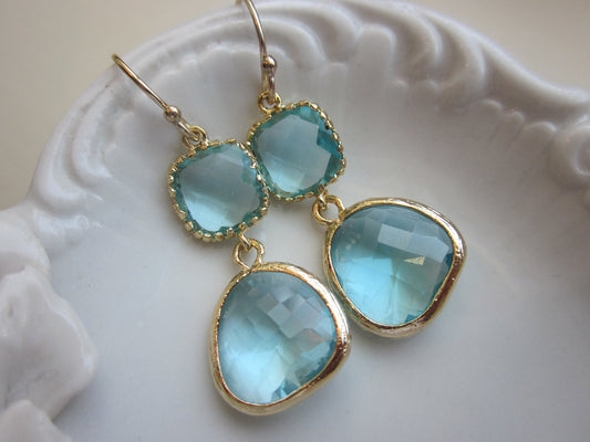 Aquamarine Earrings Gold Two Tier Blue Earrings - Bridesmaid Earrings Wedding Earrings Valentines Day Gift