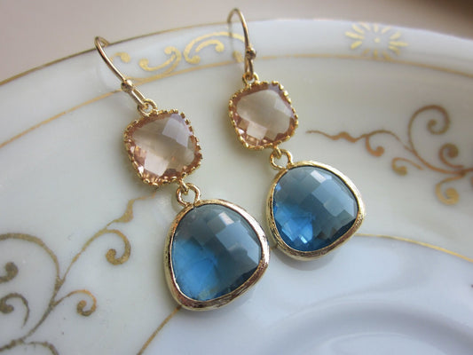 Champagne Peach Earrings Sapphire Navy Gold Plated - Bridesmaid Earrings - Wedding Earrings - Valentines Day Gift