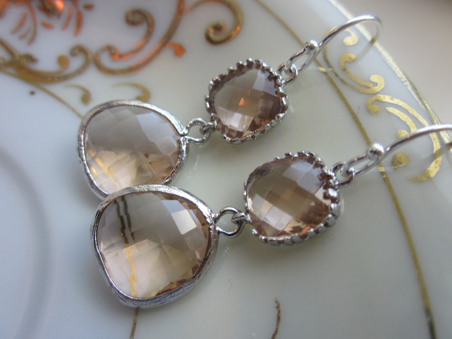 Champagne Peach Earrings Pink Silver Two Tier - Bridesmaid Earrings - Wedding Earrings - Valentines Day Gift