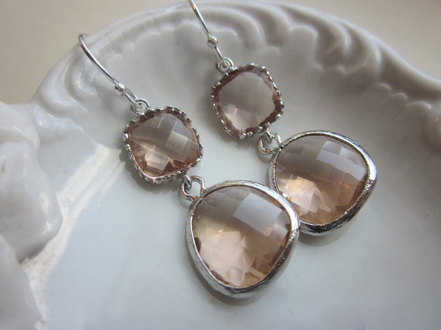 Champagne Peach Earrings Pink Silver Two Tier - Bridesmaid Earrings - Wedding Earrings - Valentines Day Gift