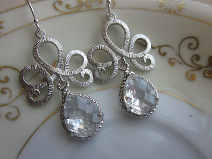 Crystal Clear Earrings Silver Tiara Connectors - Bridesmaid Earrings - Bridal Earrings - Wedding Earrings
