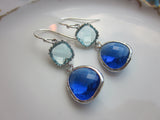 Cobalt Blue Earrings Aquamarine Silver Two Tier - Sterling Silver Earwires - Bridesmaid Earrings Wedding Earrings Bridal Earrings