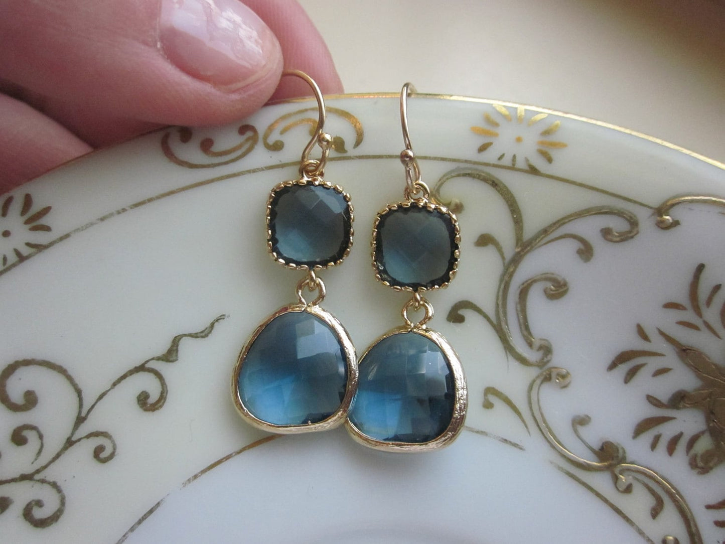 Navy Blue Earrings Sapphire Gold Plated - Bridesmaid Earrings - Wedding Earrings - Valentines Day Gift