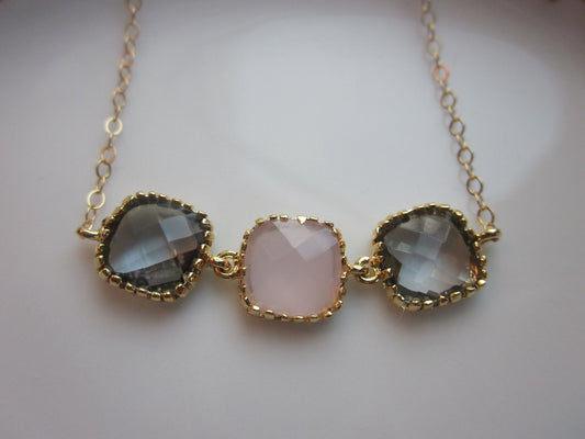 Charcoal Gray Necklace Pink Opal Gold Plated - Gold Filled Chain - Wedding Jewelry - Bridesmaid Jewelry - Valentines Day Gift