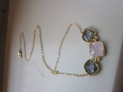 Charcoal Gray Necklace Pink Opal Gold Plated - Gold Filled Chain - Wedding Jewelry - Bridesmaid Jewelry - Valentines Day Gift