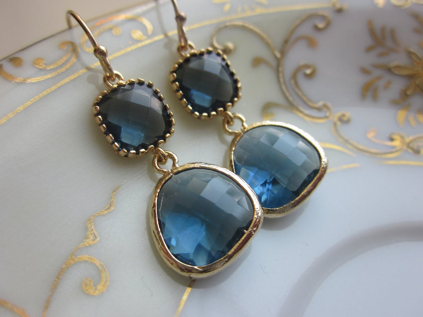 Navy Blue Earrings Sapphire Gold Plated - Bridesmaid Earrings - Wedding Earrings - Valentines Day Gift