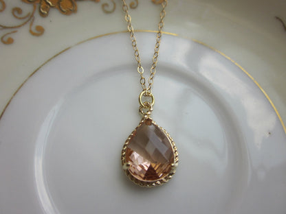 Blush Champagne Necklace Peach Pink Gold Teardrop - 14k Gold Filled Chain - Wedding Jewelry - Bridesmaid Jewelry - Blush Bridesmaid Necklace