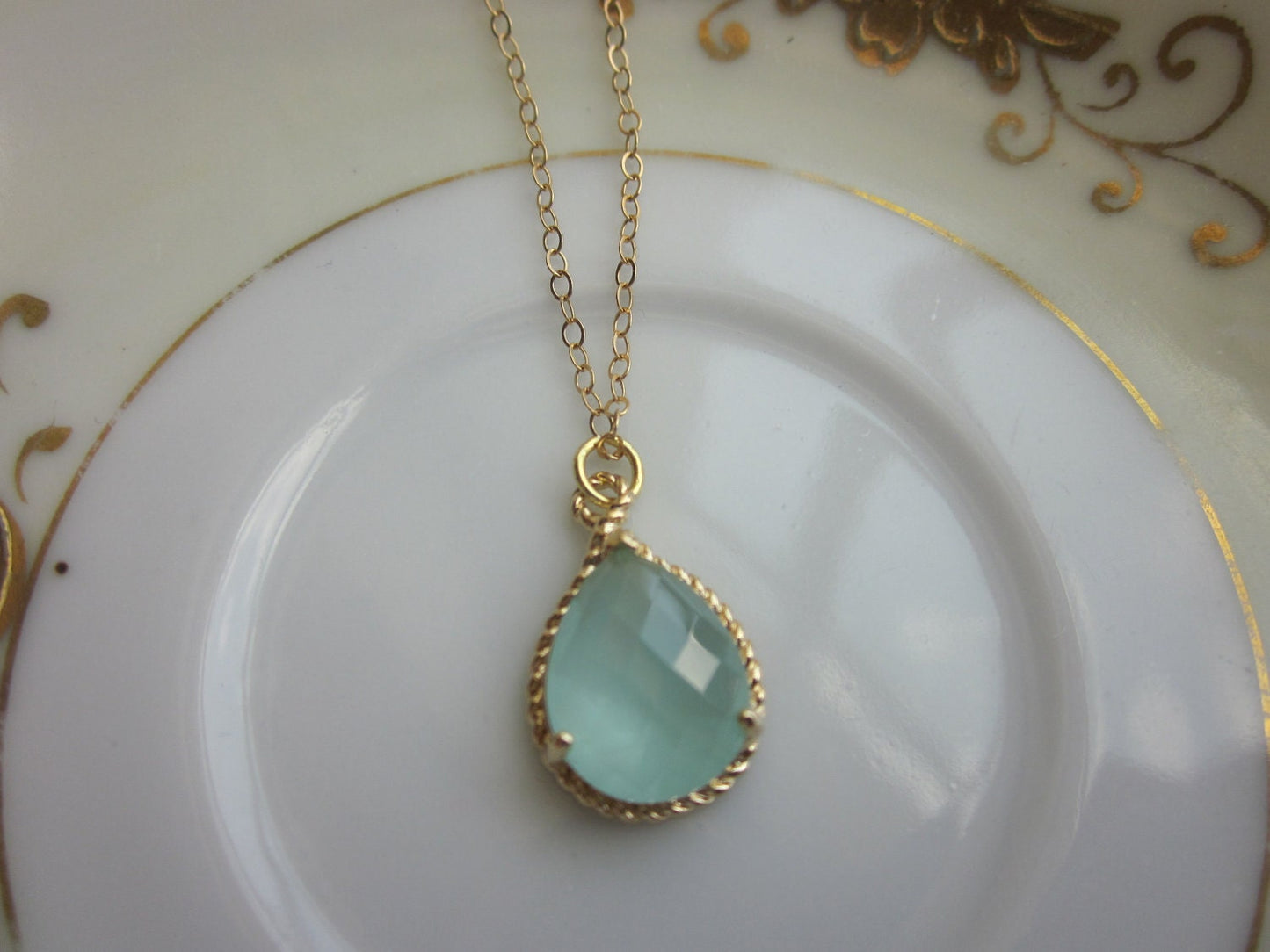 Pacific Aqua Blue Mint Pendant Necklace Gold Teardrop - 14k Gold Filled Chain - Bridesmaid Necklace - Bridesmaid Jewelry - Wedding Jewelry