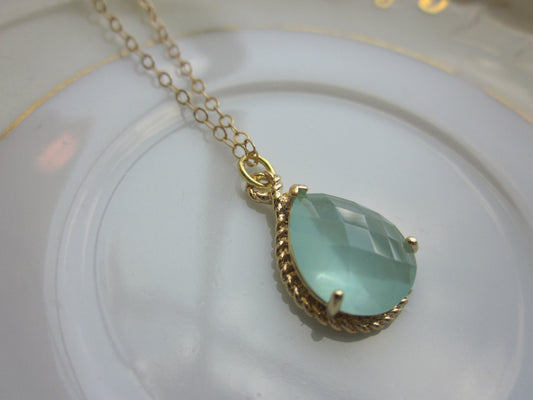 Pacific Aqua Blue Mint Pendant Necklace Gold Teardrop - 14k Gold Filled Chain - Bridesmaid Necklace - Bridesmaid Jewelry - Wedding Jewelry