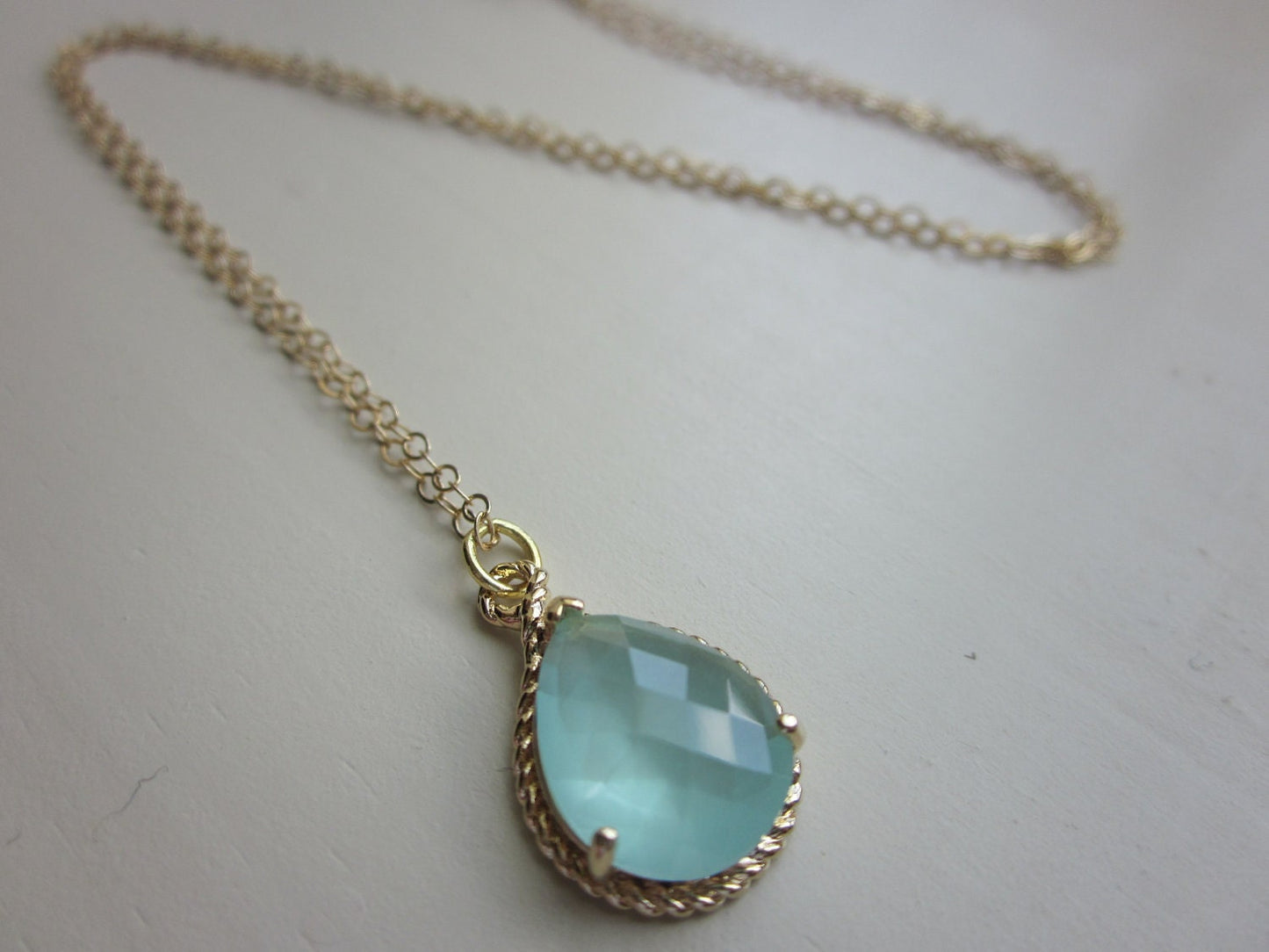 Pacific Aqua Blue Mint Pendant Necklace Gold Teardrop - 14k Gold Filled Chain - Bridesmaid Necklace - Bridesmaid Jewelry - Wedding Jewelry