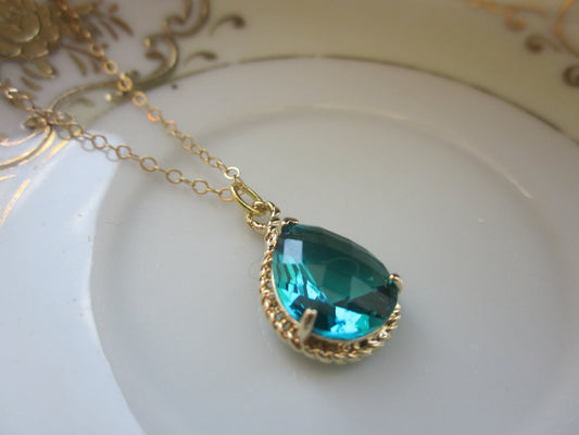 Sea Green Necklace Gold Teardrop - 14k Gold Filled Chain - Bridesmaid Necklace - Bridesmaid Jewelry - Bridal Wedding