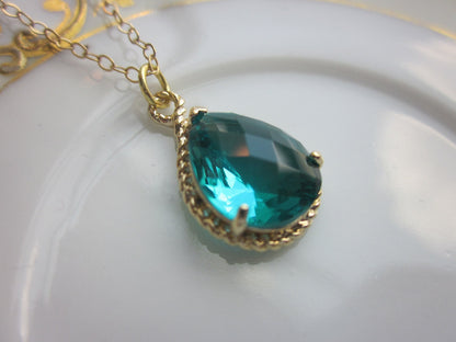 Sea Green Necklace Gold Teardrop - 14k Gold Filled Chain - Bridesmaid Necklace - Bridesmaid Jewelry - Bridal Wedding