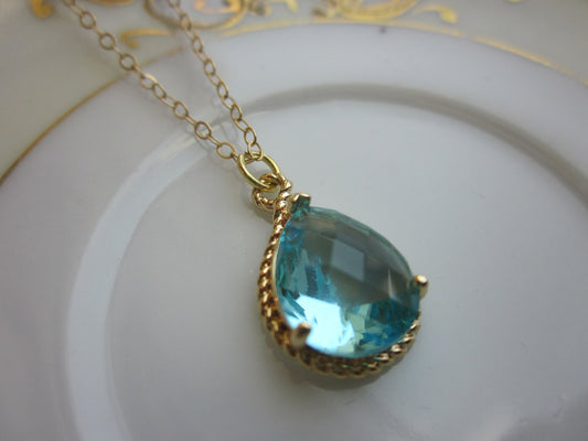 Aquamarine Necklace Gold Aqua Blue Teardrop - 14k Gold Filled Chain - Bridesmaid Jewelry - Wedding Jewelry - Valentines Day Gift