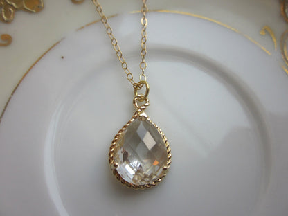 Crystal Necklace Gold Clear Teardrop - 14k Gold Filled Chain - Bridesmaid Necklace - Bridesmaid Jewelry - Bridal Wedding