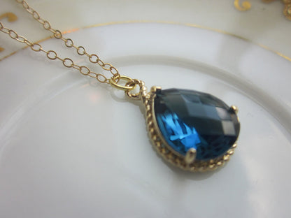 Sapphire Necklace Navy Blue Gold Teardrop Jewelry - 14k Gold Filled Chain - Bridesmaid Jewelry - Wedding Jewelry - Valentines Day Gift