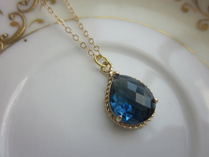 Sapphire Necklace Navy Blue Gold Teardrop Jewelry - 14k Gold Filled Chain - Bridesmaid Jewelry - Wedding Jewelry - Valentines Day Gift
