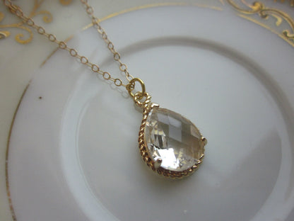 Crystal Necklace Gold Clear Teardrop - 14k Gold Filled Chain - Bridesmaid Necklace - Bridesmaid Jewelry - Bridal Wedding