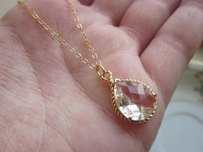 Crystal Necklace Gold Clear Teardrop - 14k Gold Filled Chain - Bridesmaid Necklace - Bridesmaid Jewelry - Bridal Wedding