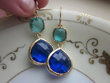 Large Cobalt Blue Earrings Gold Sea Green Two Tier -  Bridesmaid Earrings Wedding Earrings Valentines Day Gift