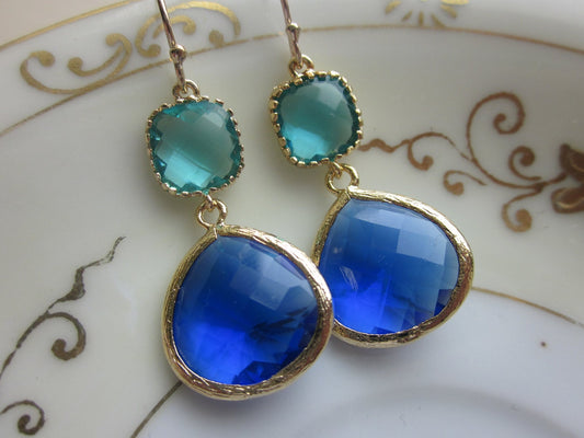 Large Cobalt Blue Earrings Gold Sea Green Two Tier -  Bridesmaid Earrings Wedding Earrings Valentines Day Gift